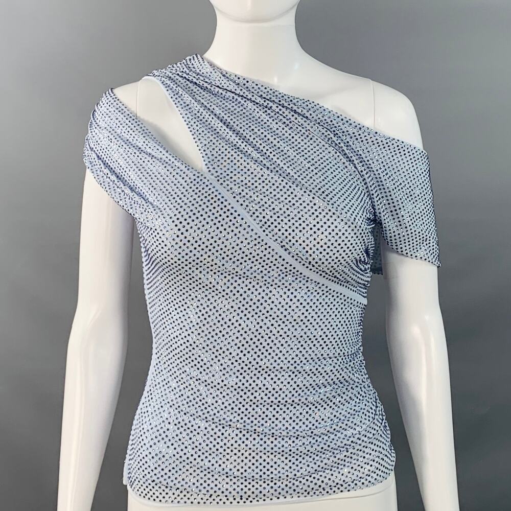 SELF-PORTRAIT SS25 Pale Blue Polyester Rhinestones Ruched Cutouts Dress Top